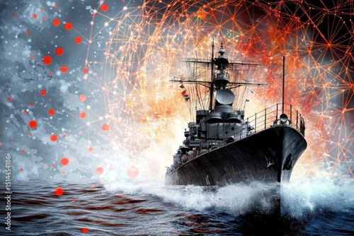 A majestic warship cuts through the ocean waves, set against a dramatic backdrop of vibrant fireworks and swirling red and gray particles. The scene