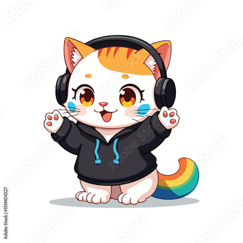 A cute cat wearing black headphones and a dark hoodie with light blue drawstrings. The cat has orange and white fur, rosy cheeks with blue markings, and a colorful, rainbow-striped tail.