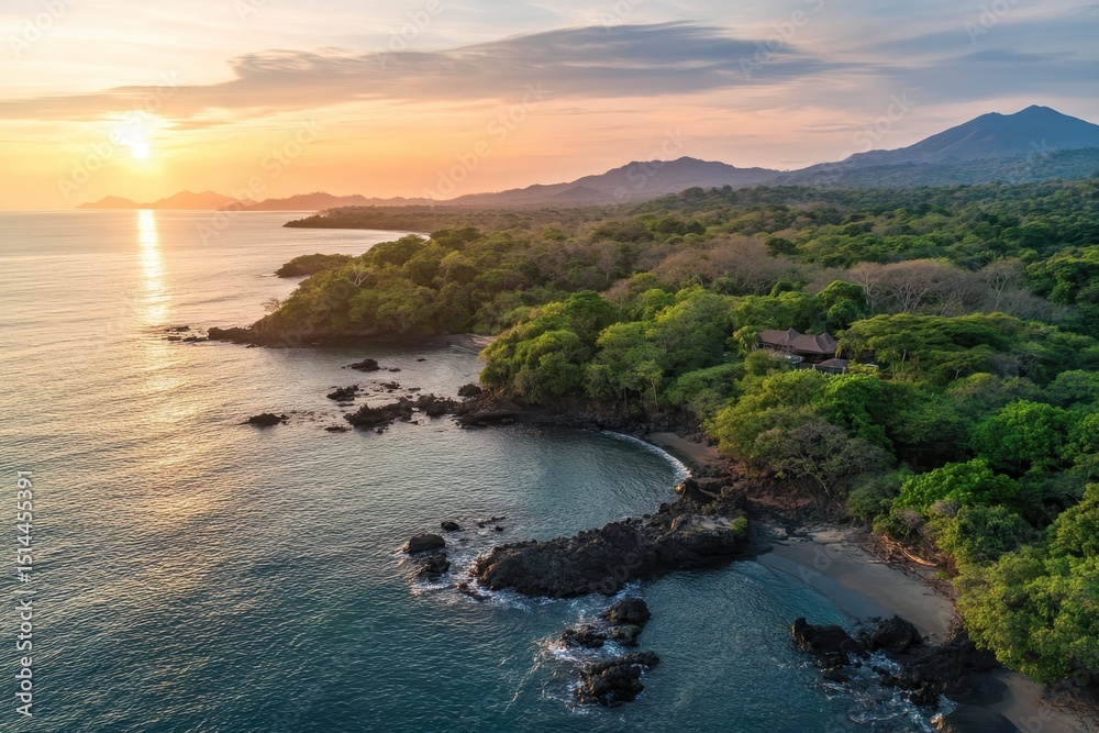 Fototapeta premium Drone captures stunning sunset over rocky coastline with lush greenery and distant mountains, Drone flying along a beautiful rocky coastline at sunset offshore from Tortuga Island in Costa Rica