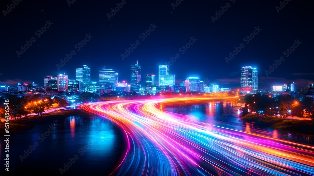 Fototapeta premium Vibrant city skyline at night, illuminated by colorful light trails of speeding vehicles across a bridge over a reflective body of water