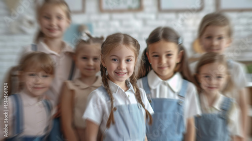 group of children with blonde hair and fair skin, dressed in school uniforms, smile happily for a photo session.