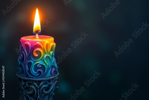 A single candle with a rainbow-colored, swirling design, lit with a flame, against a dark background, creating a vibrant, minimalistic aesthetic