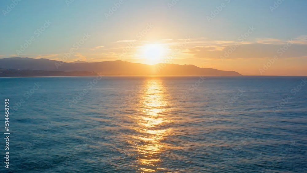 Fototapeta premium Sunset over ocean with mountain silhouette