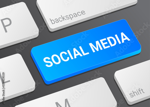 Close Up Social Media Button on Laptop or Computer Keyboard for Online Networking, Communication, and 3D Digital Illustration