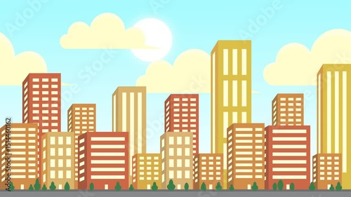 Parallax animation Landscape view City buildings, moving animation of city with skyscrapers on a sunny day