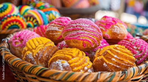 A close up of a basket filled with colorful conchas, a traditional mexican sweet bread roll treat