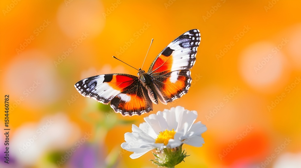 Fototapeta premium A vibrant orange-and-white butterfly hovers above a delicate white flower against a blurred, warm-toned background