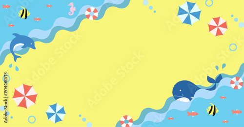 ポップな海の仲間たちの背景素材 ( 夏　フレーム　見出し　タイトル　セール　イルカ　クジラ　波　うみ　なつ )