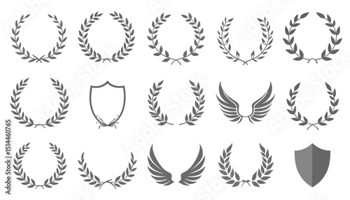 Elegant Vector Collection of Laurel Wreaths, Wings, and Shields for Design Elements.