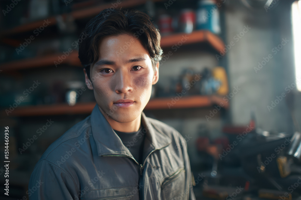 Fototapeta premium Japanese mechanic focused on his craft in workshop