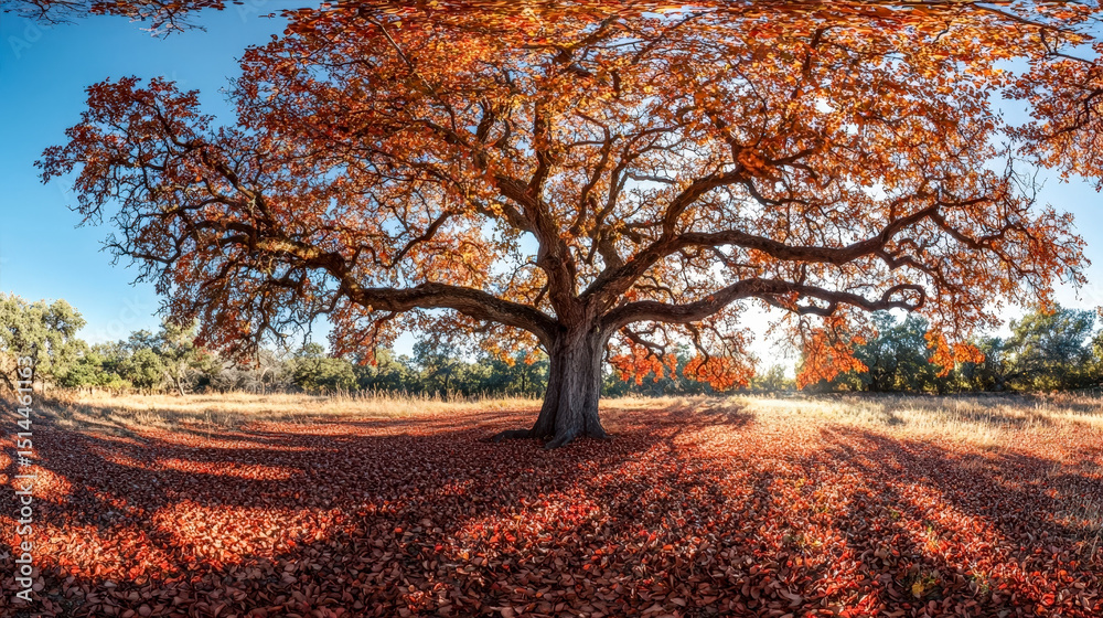 Fototapeta premium Majestic tree in autumn landscape with fallen leaves and vibrant orange foliage