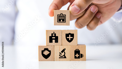 Healthcare concept represented by wooden cubes with various medical and hospital icons