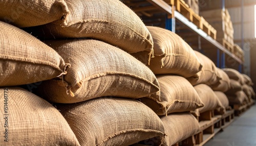 Stacks of burlap sacks stored in a warehouse.
