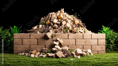 A large pile of broken bricks crashing into a brick wall du demolition or construction process in an outdoor setting
