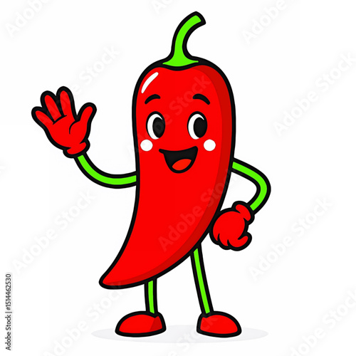 Adorable cartoon chili pepper character with a happy face, waving hand, and friendly smile. Bright red vegetable mascot design for food branding, spicy products, or fun educational content.
