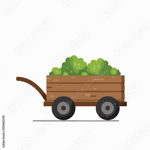 Clean flat vector illustration of a small wooden cart full of green leafy vegetables