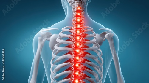 Health risk factors and symptom concepts. Digital illustration showing a human spine highlighted in red, emphasizing back pain or spinal issues.