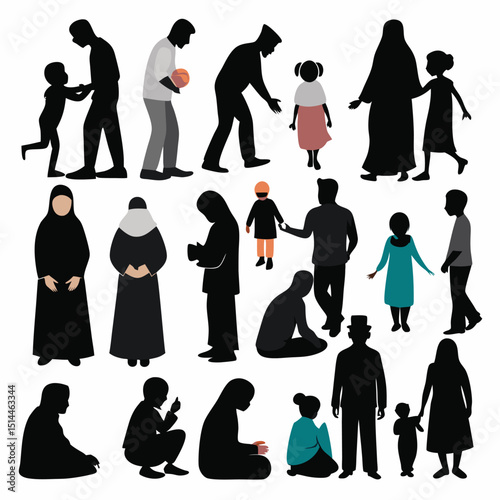 Diverse group of people families and individuals in various poses and attire