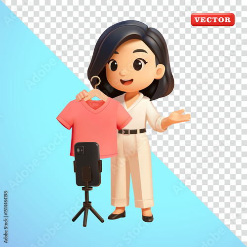 Woman selling clothes live on social media, 3d vector. Suitable for social media and business