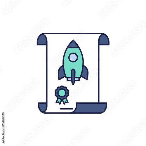 Rocket launch icon with certificate on parchment scroll design  