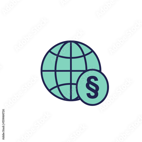 Global Law Icon depicting globe and currency symbol in flat style  