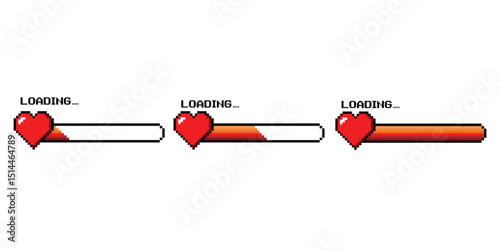 Pixel game heart bar on white background. Vector art 8-bit. health heart bar, heart loading bar. Gaming controller, symbols set.