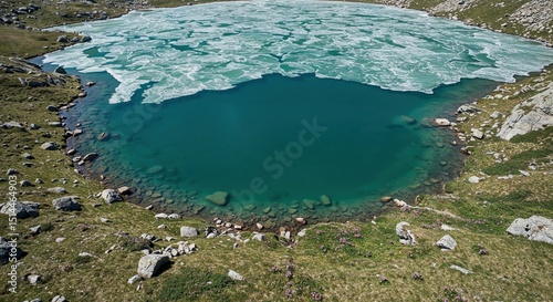 Aerial view of turquoise lake with ice floes mountain landscape nature scene