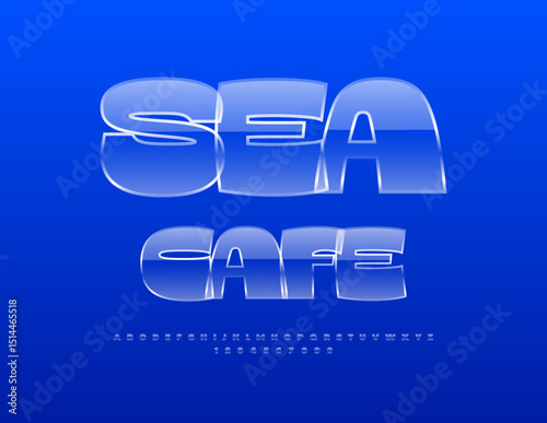 Vector Artistic Advertisement Sea Cafe. Iced Water Font. Crystal style Alphabet Letters and Numbers set.