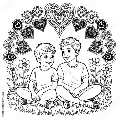 A black and white line art illustration of two young friends, Alex and Luna, seated cross-legged