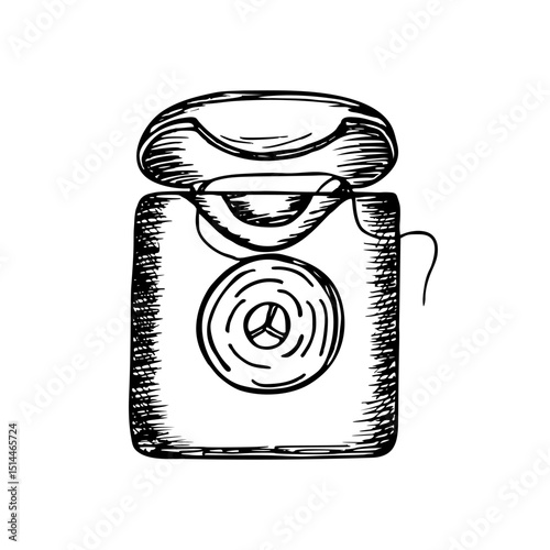 Dental floss hand-drawn vector line sketch illustration. In-home oral care, stomatology, oral hygiene. Outline engraving doodle clipart isolated on white background