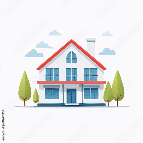 Modern Dream Home: a meticulously illustrated modern house with a striking red roof, inviting blue windows, and lush trees in the foreground, epitomizing the concept of the ideal residence.