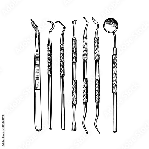 Set of hand-drawn illustrations of dental tools in sketch style. Dentist instruments, personal equipment for oral health care. Minimalist doodle drawing isolated on a white backdrop