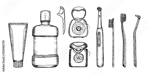 Oral care accessories collection for dental hygiene. Hand-drawn vector line sketch illustration. Toothpaste, toothbrush, floss, mouthwash. Outline engraving doodle clipart isolated on white background