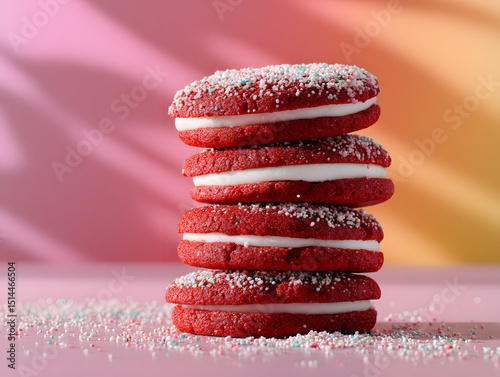 Red velvet cookies stacked, frosted tops and light icing sugar. photo