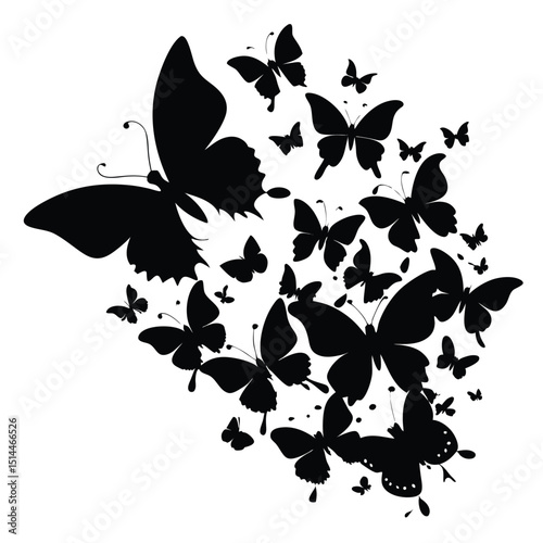 Elegant Butterfly Silhouette Swarm on White Background for Graphic Design