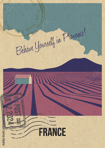 France Tourist Attraction Postcard, Provence Fields of Lavender Illustration. Vector Template Retro Style Greeting Card with handwriting wish. Postal Imprint, Aged Paper Texture