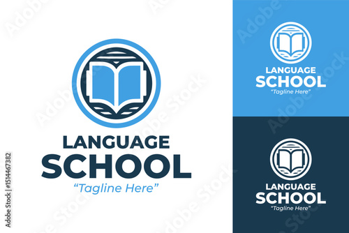 Minimalist Language School Logo with Book and Leaf Design in Blue