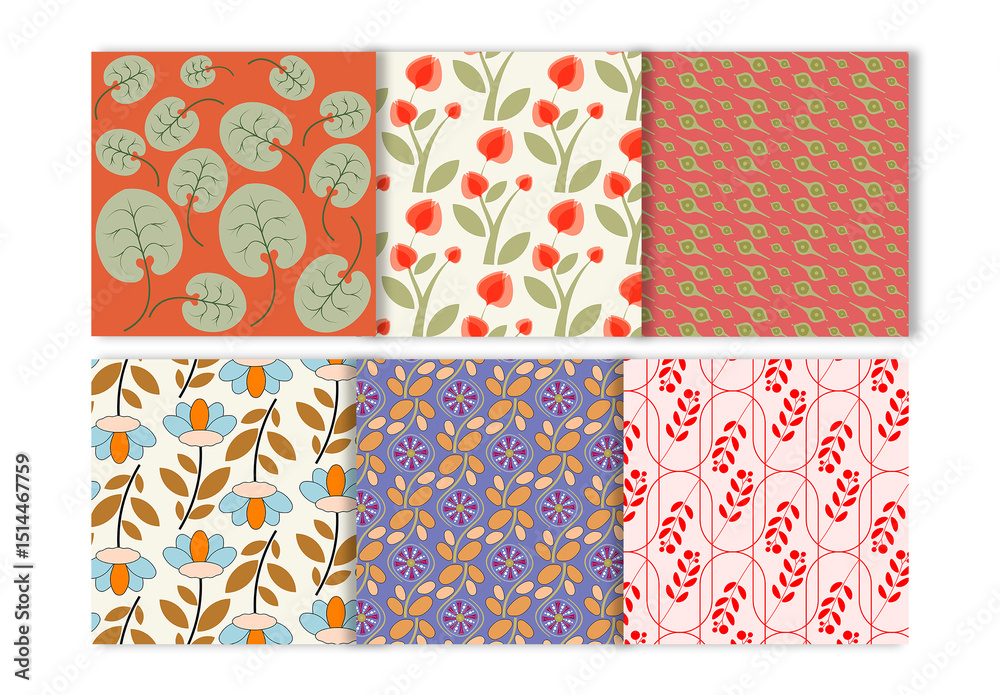 Seamless Botanical Pattern Set with Abstract Flowers and Leaves Stock ...