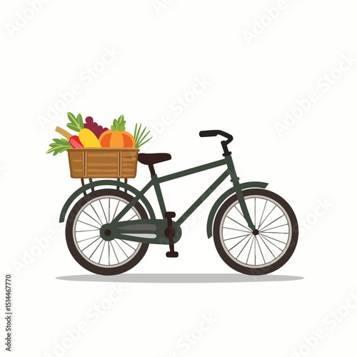Simple flat vector of black bicycle carrying a fresh produce basket