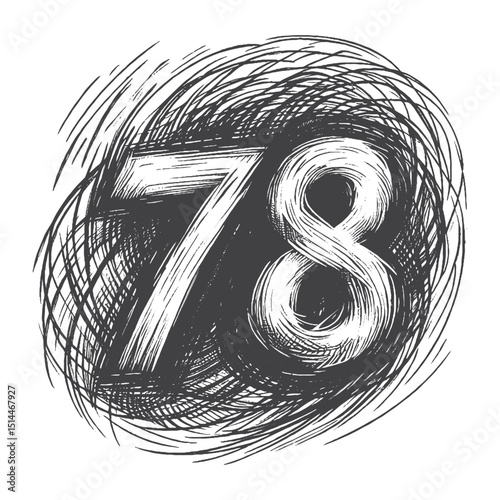 Vintage Hand-Drawn Sketch Style Number 78 Illustration – Artistic Numeric Engraving for Retro Typography, Education, and Creative Lifestyle Apparel, Stickers, Label, and T-Shirts