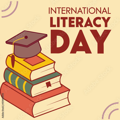 Celebrating International Literacy Day: A stack of books topped with a graduation cap, symbolizing knowledge and education, against a clean backdrop.