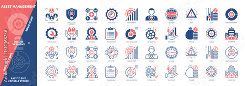 Asset Management icon set. Finance, Infrastructure, Enterprise, Intellectual Property, Maintenance, Governance, Investment, Manager. Duotone color solid and editable outline icons
