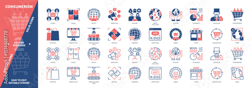 Consumerism icon set. Goods, Services, Advertising, Shopping, Brand, Marketplace, Commerce, Earth Pollution. Duotone color solid and editable outline icons