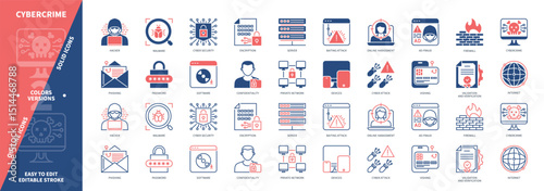 Cybercrime icon set. Online Harassment, Internet, Ad Fraud, Confidentiality, Cyber Attack, Password, Hacker, Baiting. Duotone color solid and editable outline icons