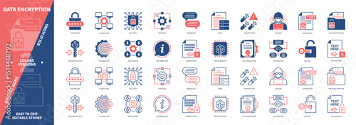 Data Encryption icon set. Encryption Key, Cryptography, Security, Algorithm, Technology, Information, Authorization, Messages, Decryption. Duotone color solid and editable outline icons