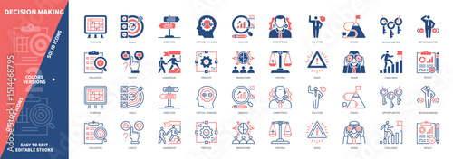 Decision Making icon set. Brainstorm, Criteria, Planning, Analysis, Competence, Opportunities, Leadership, Result. Duotone color solid and editable outline icons
