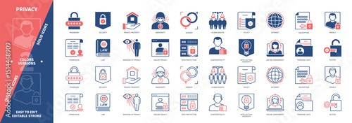Privacy icon set. Password, Human Rights, Gender, Access, Personal Data, Permission, Security, Policy. Duotone color solid and editable outline icons