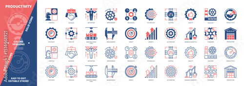 Productivity icon set. Efficiency, Strategy, Advanced Robotics, Technology, Growth, Automation, Manufacturing Quality. Duotone color solid and editable outline icons