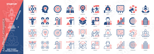 Startup icon set. Motivation, Teamwork, Idea, Planning, Product, Marketing, Investors, Success. Duotone color solid and editable outline icons