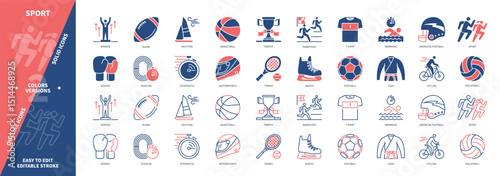 Sport icon set. Boxing, Motorsports, American Football, Stadium, Yachting, Golf, Swimming, Winner. Duotone color solid and editable outline icons